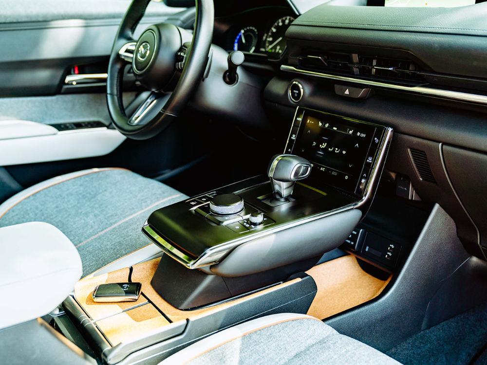 Close up of center console with cork accents.