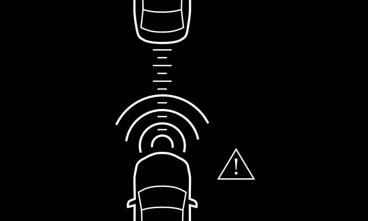 Illustration of circular waves extending from Mazda, a triangle with an ‘!’ signifies warning.