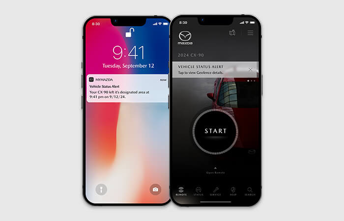 Two smartphones display MyMazda app screens with notification on lock screen and start button. 