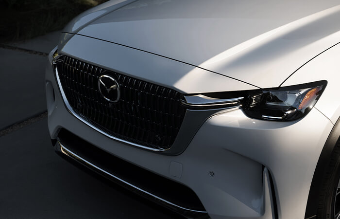 Close up of Arctic white CX-90 front grille.