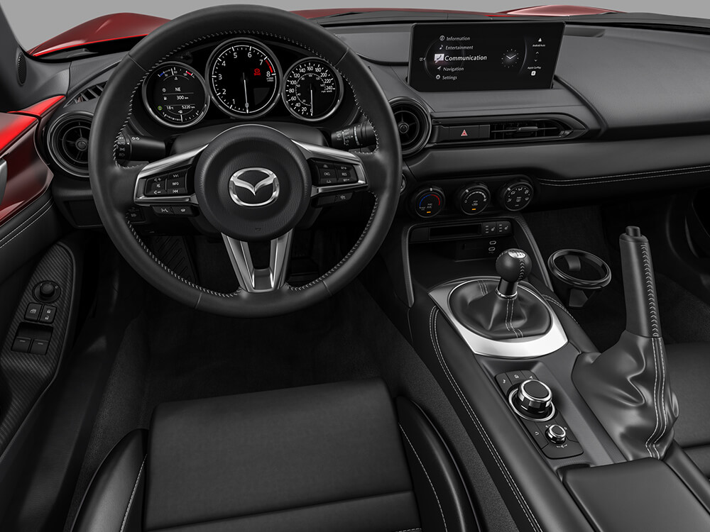 Shot of interior from driver’s seat shows Nappa leather,  Alcantara®- trimmed Recaro® sport seats, steering wheel and dash. 