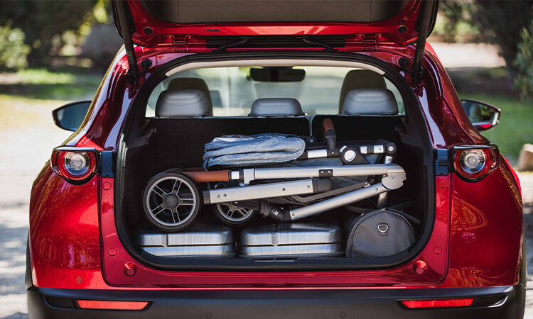 Rear liftgate of CX-30 is open revealing ample cargo space holding a backpack, foldable stroller, two large coolers and a duffle bag.  