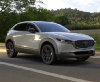 Front ¾ shot of Aero Grey Metallic CX-30 parked on shoulder of road, field and trees in background.