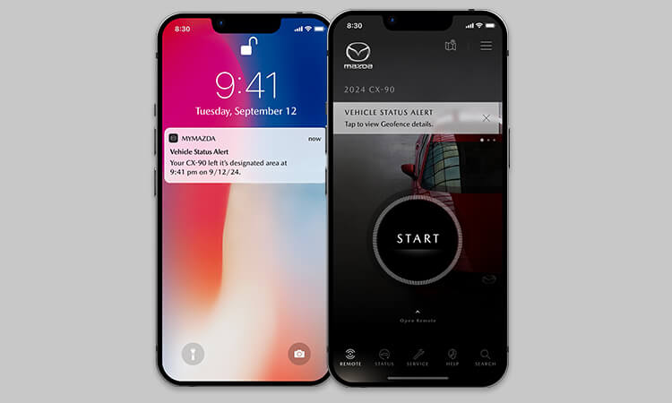 Two smartphone screens, one displays a lock screen with notification, and the other a vehicle status alert notification on the MyMazda app.