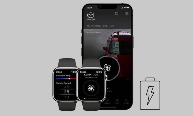 Two smartwatch screens and a smartphone display remote climate controls next to an icon of a battery with a lightning bolt.